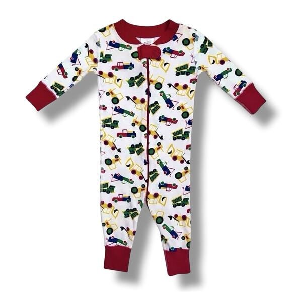 Hanna Andersson Sleeper Boys Size 6-9M Construction Trucks Zip Organic Cotton - Picture 1 of 5